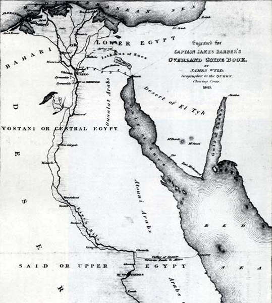 Desert Crossing : Map of the overland route across Egypt, 1845 and shows the two routes available to the traveler to cross over to the Suez or the Red Sea, to take on the second part of their journey.